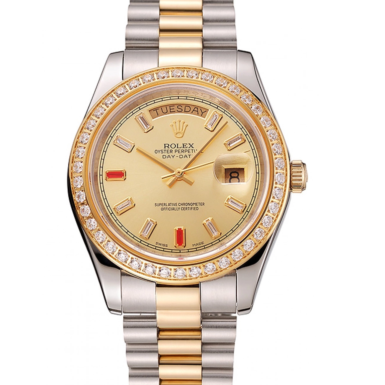 AAA Replica Watches Swiss Dial Diamonds Bracelet And 1454104 Tone Two Rubies Rolex Champagne Day-Date 0517